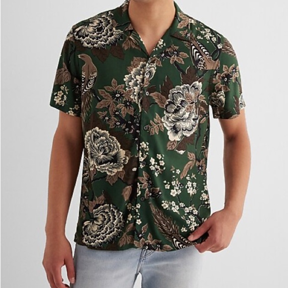 Express Men's Dark Green Floral Button Down Shirt